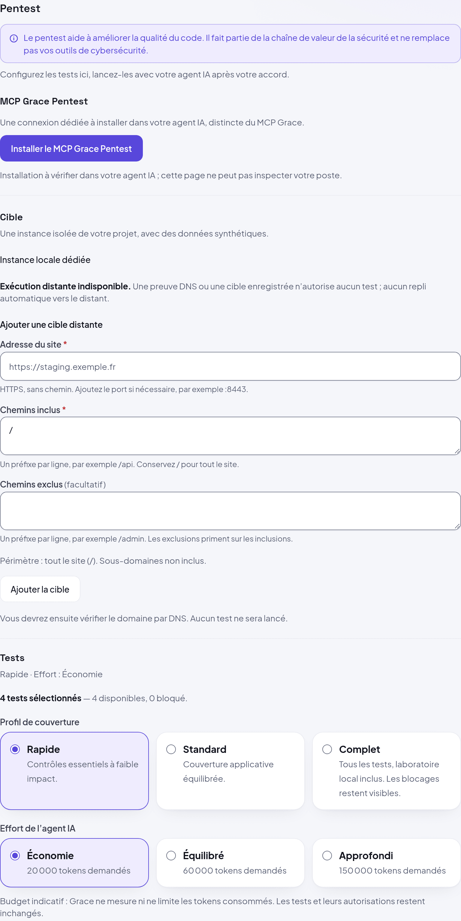 Historical French-language screenshot of the pentest setup controls, target, and tests.