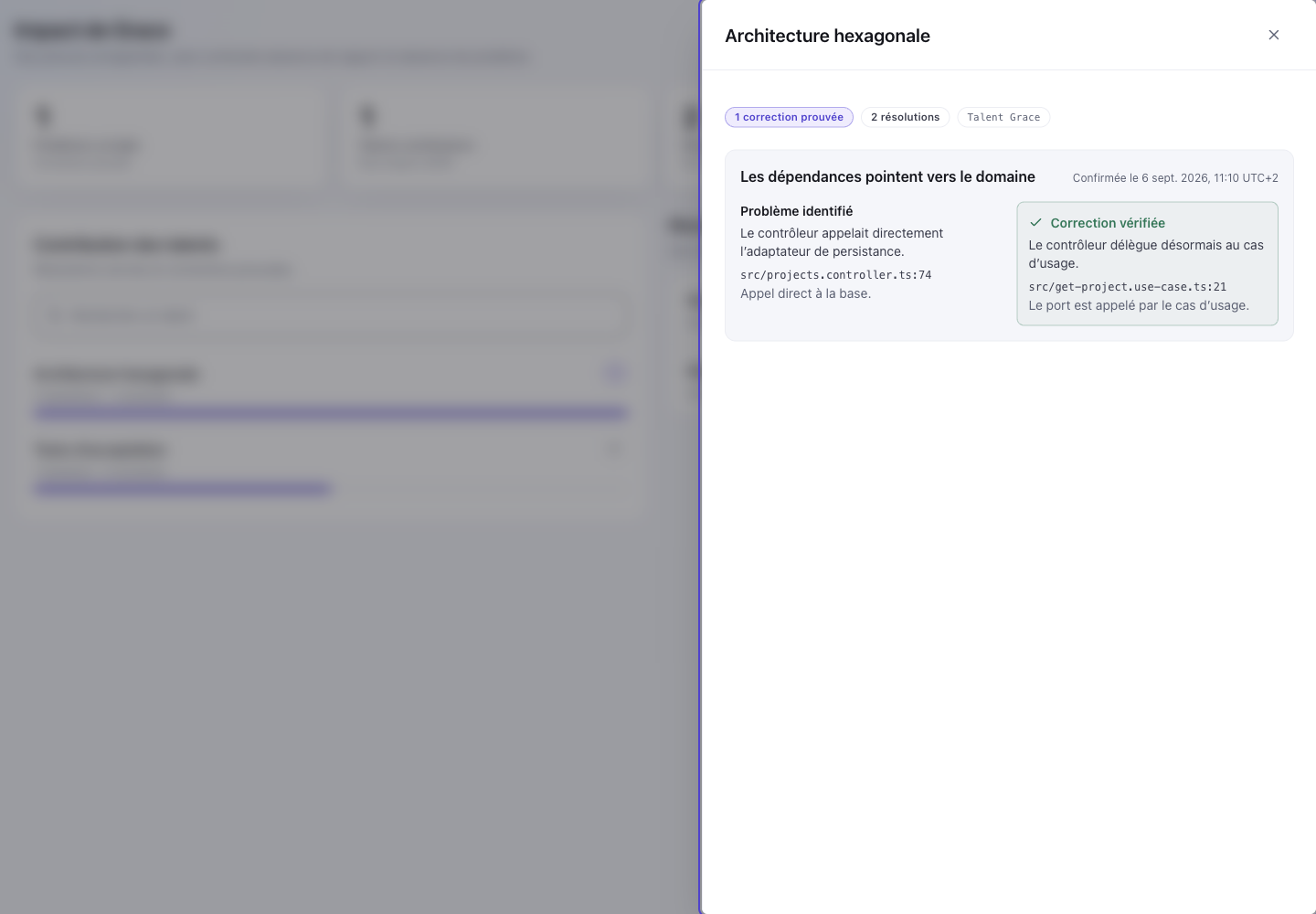 Historical French-language screenshot of a project's Impact tab, with the issue and verified correction in a drawer.